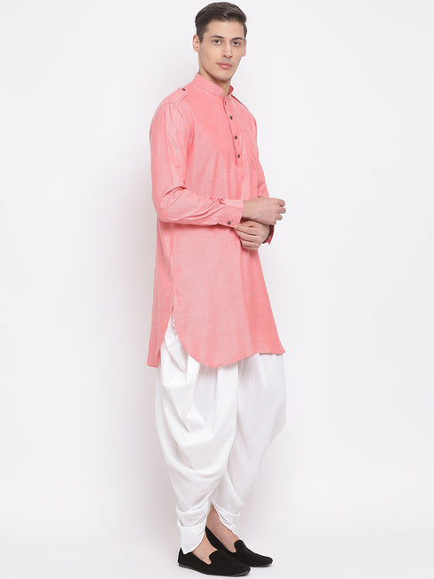 Vastramay Men's Red Cotton Blend Kurta and Dhoti Set